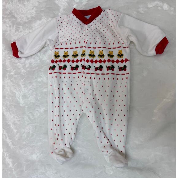Vintage 80s Velvet Velour Christmas Bears Toys One-Piece Sleeper Romper Baby 6M - Picture 2 of 11